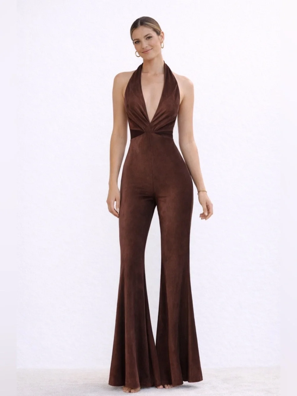 Edikted Brown Halter Open Back Flare Jumpsuit XS Y2K
